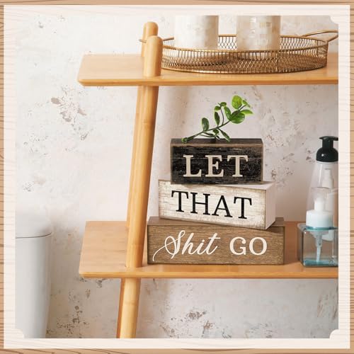 Moucuny 4 Pcs Wooden Block Signs Farmhouse Table Decoration for Bathroom - style: Bathroom