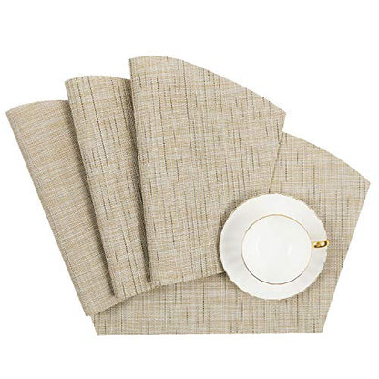 SHACOS Round Table Placemats Wedge Shaped Placemat Set of 4 Non Slip Heat Resistant Woven Vinyl Table Mats Wipe Clean Indoor Outdoor (4, Beige Yellow) - color: Beige Yellow