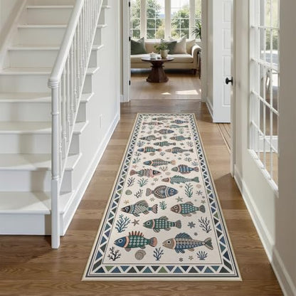 Fish Ocean Runner Rug 2x6 for Hallway Bedroom Coastal Kitchen Rugs Low Pile - color: Fish, size: 2'x6' (Runner)