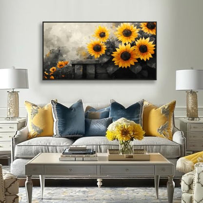 The Mode Art Sunflower Wall Art Canvas Painting, 30 x 58 inches, Black and Yellow Flower Canvas Prints Rustic Farmhouse Sunflower Pictures For Living Room Bedroom Wooden Frame - color: Yellow/Gray, size: 58"L x 30"W