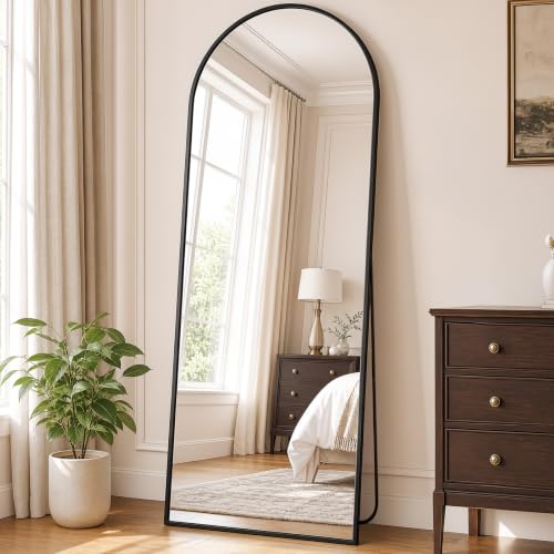 DUMOS 64"x21" Arched Full Length Mirror with Stand, Full Body Floor Mirror - color: Black-rounded, size: 64"L x 21"W
