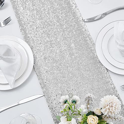 Pufogu 12 x 72 inches Silver Sequin Table Runner, 2 Packs - color: Silver