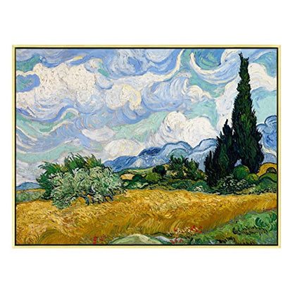 Wieco Art Framed Canvas Art Wheat Field with Cypresses by Van Gogh Classical Paintings Reproduction Modern Canvas Print Wall Art Landscape Pictures Artwork for Home Office Decor - size: 32"L x 24"W