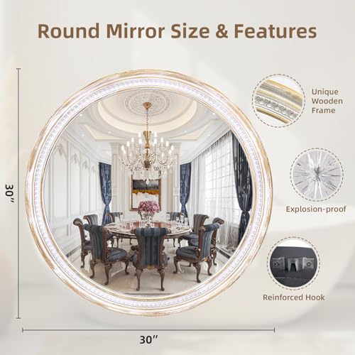30 Inch Round Wood Mirror, Rustic Farmhouse Decorative Wall Mirror - color: C - 30 in
