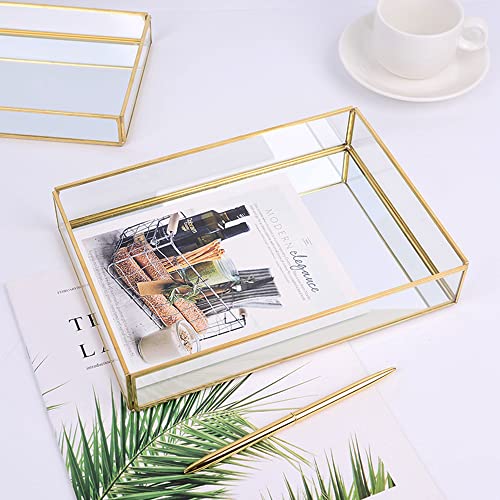 Sooyee Gold Rectangle Mirror Tray, Metal and Glass Fragrance Tray, 12"x8" - color: Gold