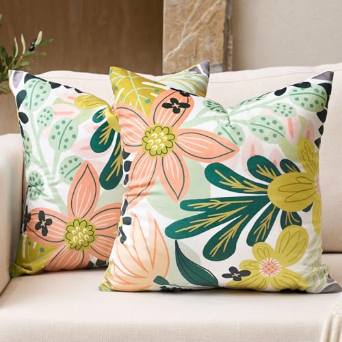 Tyrot Boho Floral Velvet Throw Pillow Covers 16x16 Inch Set of 2 Farmhouse Cushion Covers Mid Century Modern Botanical Home Decor Accent Pillow Cases for Couch Bed Sofa Living Room, Bedroom, Green - color: Rose Garden, size: 16" x 16" (Pack of 2)