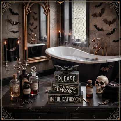 Moucuny 4 Pcs Halloween Bathroom Decoration Gothic Bat Wooden Stacked Block - style: Bat & Demon