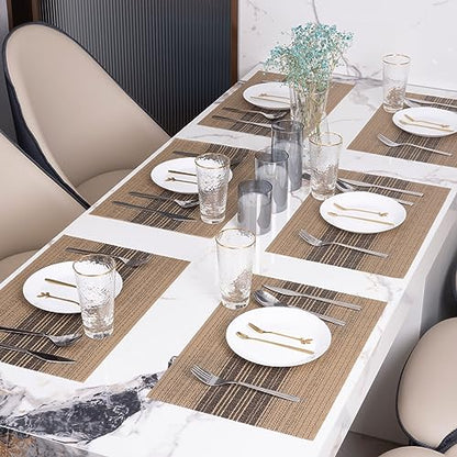 Winknowl Placemats Set of 8, Washable Vinyl Woven Placemats, Heat Resistant & Wipeable Table Mats for Kitchen Dining Table (Brown) - color: Black and Brown, size: Set of 8