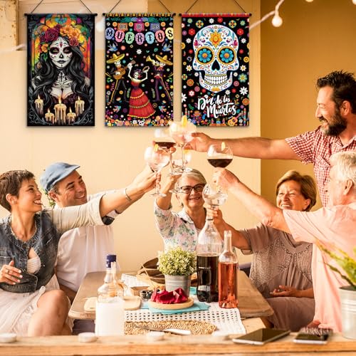 Tegeme 3 Pcs Day of the Dead Door Flag Dia De Los Muertos Front Door Decor - style: Day of the Dead