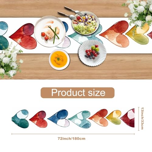 Watercolor Heart Table Runner – 13x72 Inch Modern Table Decor with Artistic Multicolor Hearts, Soft Watercolor Design for Dining Table, Kitchen, Valentine’s Day, or Everyday Use - color: 70