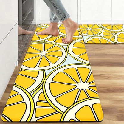 Kitchen Rugs for Floor 2 Pcs Memory Foam Padded Anti Fatigue Kitchen Mat - color: Lemon