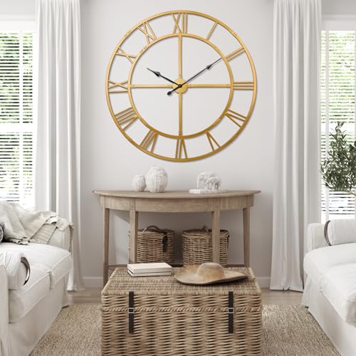 48 Inch Large Silent Wall Clock, Easy Assembly Roman Numeral Gold - color: Gold Metal Wall Clock, size: 48inch