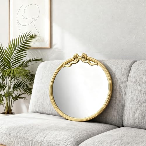 15.75" Gold Bow Decorative Round Mirror, Metal Frame Hanging Circle Mirror, Wall Mounted for Entryway, Bathroom, Vanity, Living Room