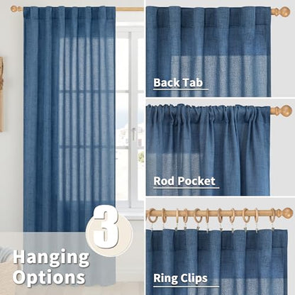 YoungsTex Blue Linen Semi Sheer Curtains 42 X 45 Inch Length - color: Navy, size: 42"W x 45"L (Pack of 2)