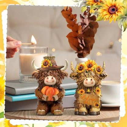 2 Pack Fall Highland Cow Figurines Decor, Resin Fall Table Decor - style: Fall