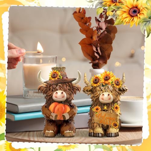 2 Pack Fall Highland Cow Figurines Decor, Resin Fall Table Decor - style: Fall