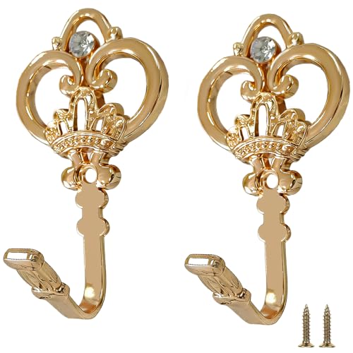 2 Pack Gold Crown Curtain Holdbacks, Heavy Duty Metal Wall Hooks for Hanging Drapes, Coats, Hats & Towels, Vintage Rustic Decor for Living Room, Bedroom, Entryway - color: Gold, size: 2PCS