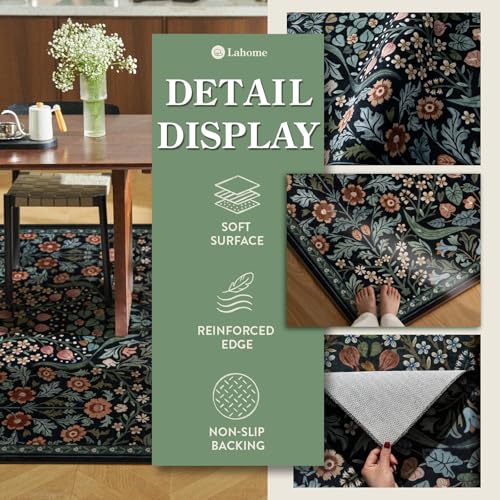 Lahome Dark Floral 2x6 Runner Rug, Washable Botanical Kitchen Runner Rug - color: Black, size: 2' x 6'