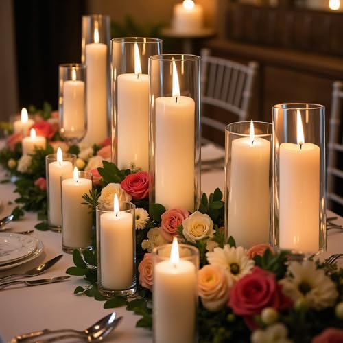 Homjoy 12 PCS White Pillar Candles with Glass Candle Holders Clear Hurricane Candle Holders Glass Cylinder Vases for Centerpieces Wedding Party, Event, Home Office (6 Candles+6 Candle Hoders) - style: 12 PCS White