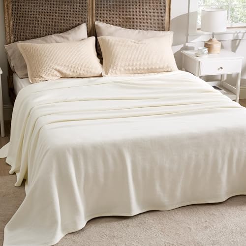 Bedsure 100% Cotton Blanket, Herringbone Weave, Queen Size, Cream - color: 02 - Cream, size: Queen