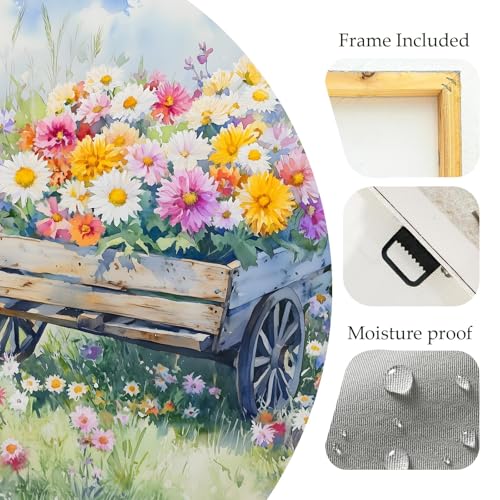 LJXDUBAF Vintage Floral Canvas Wall Art,Rustic Meadow with Flowers Landscape Framed Poster, Farmhouse Style Artwork for Living Room Bedroom Bathroom Kitchen Decor (Flower 04, 24L×24W) - color: Flower 04, size: 24L"×24W"