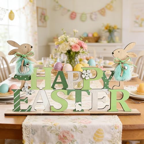 Easter Wooden Bunny Table Decorations Cute Easter Rabbit Tiered Tray Decor Rustic Bunny Table Centerpiece Sign for Spring Home, Farmhouse Tabletop Ornament(Green)