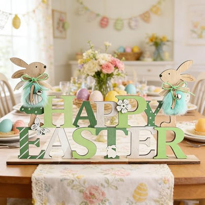 Easter Wooden Bunny Table Decorations Cute Easter Rabbit Tiered Tray Decor Rustic Bunny Table Centerpiece Sign for Spring Home, Farmhouse Tabletop Ornament(Green)