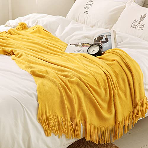 Homiest Yellow Knitted Throw Blanket with Fringe, 50x60 Inch - color: Yellow, size: 50" x 60"