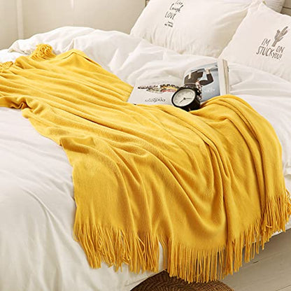 Homiest Yellow Knitted Throw Blanket with Fringe, 50x60 Inch - color: Yellow, size: 50" x 60"