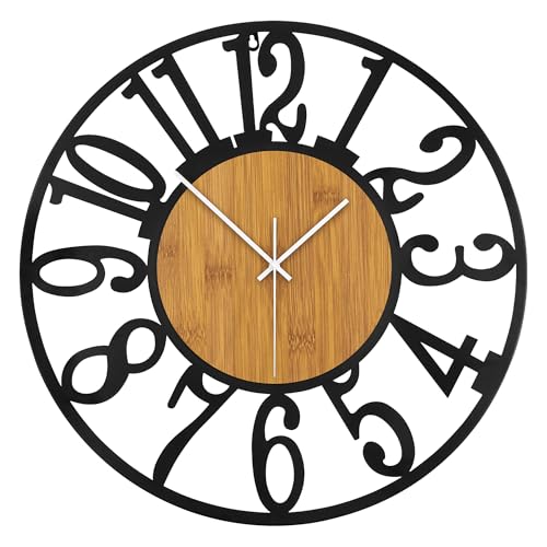 Maxstar Large Round Wall Clock for Living Room Decor Battery Operated Non Ticking Black Metal Wood Clocks for Home Living Room Garden Office Kitchen Decoration -24 inch - color: Wood-arabic Numerals, size: 24 Inch