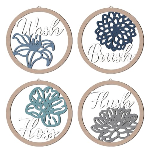 HPNIUB Farmhouse Bathroom Wall Decor, Blooming Floral Wall Art, 4 Pieces 10''x10'' Wash Brush Floss Flush Rustic Wood Plaque, Funny Bathroom Quote Wooden Sign for Home Spa Bathroom Laundry Washroom - color: Washroom floral theme
