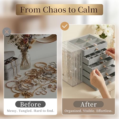 Jewelry Organizer with Clear Acrylic Display and Drawers, Dust-Protected Jewelry Storage Box for Necklaces, Earrings, Rings & Bracelets, Elegant Tabletop Organizer for Vanity, Bedroom or Desk, Gray - color: Stone Gray