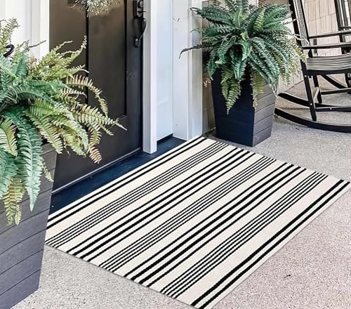 Black and White Striped Doormat 24"x35"Cotton Washable Fall Layering Rug - color: White Striped, size: 2' x 3' (Rectangular)