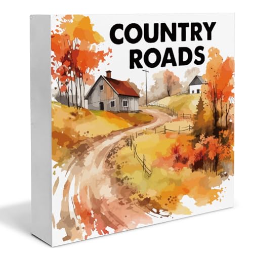Fall Decor Rustic Farmhouse Fall Wooden Box Sign Country Roads Decorations Country Home Desk Shelf Tabletop Decor 5 x 5 Inches - color: Multicolor COUNTRY