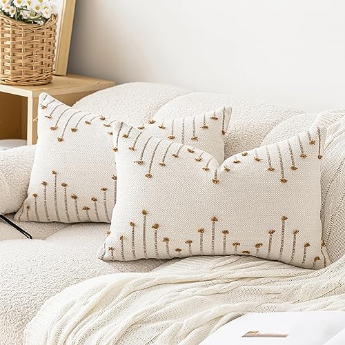 LILEPOY Boho Throw Pillow Covers 12x20 Farmhouse Lumbar Couch Pillow case - color: Beige and Brown, size: 20" x 12" (Pack of 2)