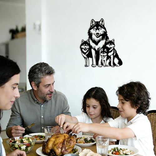 Maoerzai Geometric Wolf Family Metal Wall Art Decor, Perfect for Living Room, Office, Bedroom Entrance (Black - 12 x 14 Inch)