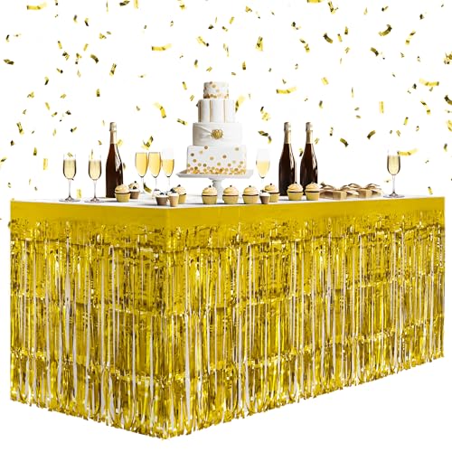 2 Pack Gold Table Skirts, 29x108" Metallic Foil Tinsel Fringe Table Skirts for Rectangle Tables Streamer Curtains Backdrop, Party Decorations for Birthdays Weddings Holidays - color: Gold