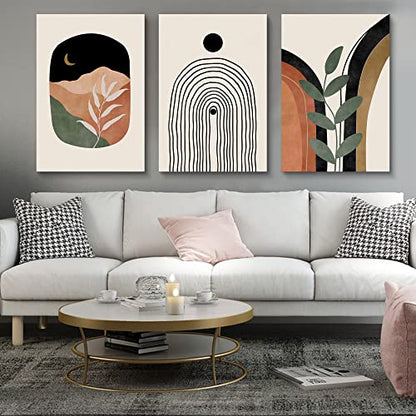 Boho Wall Art Set of 3 - Mid Century Modern Canvas Prints: Sun Moon Leaf Mountain, Neutral Abstract Geometric for Bedroom, Bathroom, Living Room, Office - color: Boho Prints-2, size: 24x36inchx3pcs