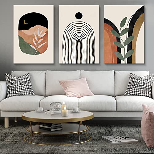 Boho Wall Art Set of 3 - Mid Century Modern Canvas Prints: Sun Moon Leaf Mountain, Neutral Abstract Geometric for Bedroom, Bathroom, Living Room, Office - color: Boho Prints-2, size: 24x36inchx3pcs