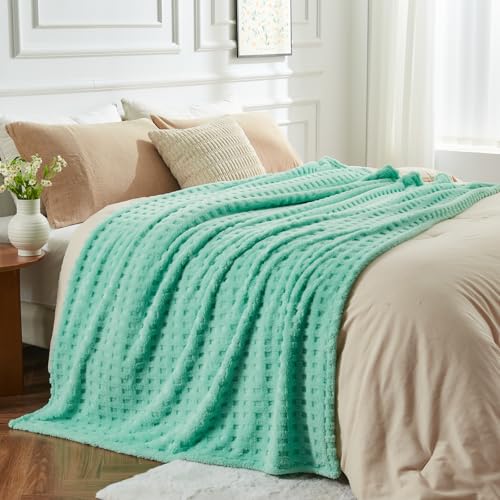 NEWCOSPLAY 3D Waffle Checkered Flannel Queen Blanket, Aqua, 90"x90" - color: Aqua, size: Queen(90"x90")