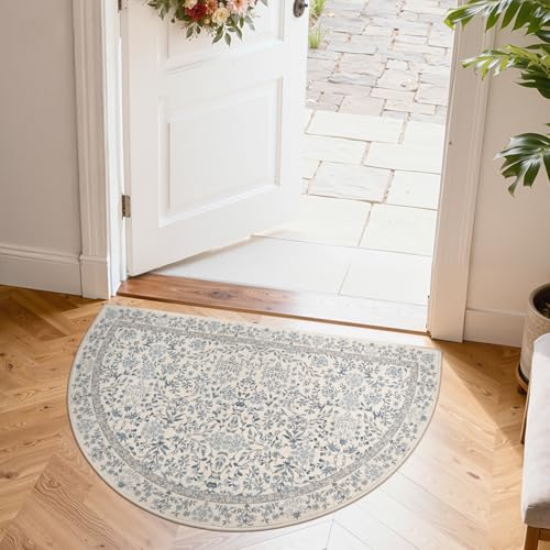 jinchan 2x3 Washable Half Circle Entryway Rug, Vintage Floral, Blue/Cream - color: Blue/Cream, size: 1'9" x 3' (Semicircular)