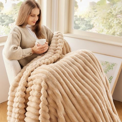 NEWCOSPLAY Fleece Ribbed Cozy Twin Blanket for Couch, Brown, 60"x80" - color: Brown Ribbed, size: Twin(60"x80")