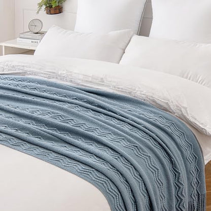 MIULEE Dusty Blue Knitted Boho Throw Blanket for Couch 50"x60" - color: Dusty Blue, size: 50" x 60"