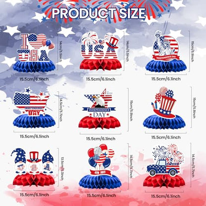 4th of July Honeycomb Centerpieces - 9PCS Patriotic Themed Table Decorations, Red White Blue Independence Day Party Supplies for Patriotic Events American Theme Gatherings - style: Independence Day