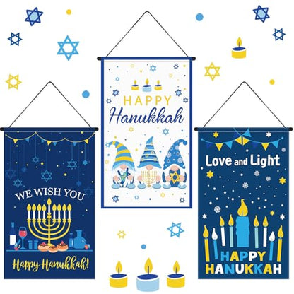 Tegeme 3 Pcs Hanukkah Door Sign Flag Chanukah Door Blue White Doors Banner - style: Hanukkah