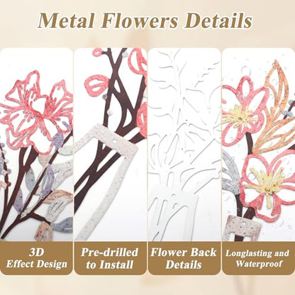 Embewhis Wall Decor Metal Flowers 3pcs, Rustic Farmhouse Flower Sculptures, 13.7" Wall Art Decor, Drill-Free Install Option for Living Room, Kitchen, Bedroom & Bathroom - size: H