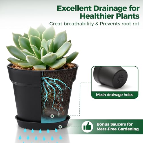 T4U Small Plant Pots 5 Inch 8 Pack, Plastic Indoor Flower Pots Saucer Black - color: Black, size: 5 inch