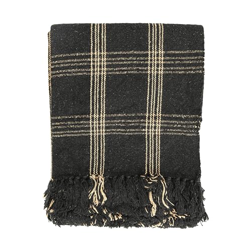 Plaid Black & Tan Fringed Woven Cotton Blend Throw - color: Black, size: One Size