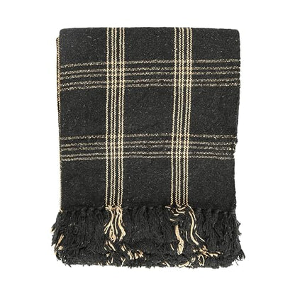 Plaid Black & Tan Fringed Woven Cotton Blend Throw - color: Black, size: One Size