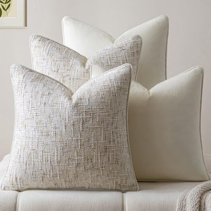 a moment Beige 4 Pack Throw Pillow Covers - Chenille & Velvet Set with Piping, Farmhouse Textured Design Pillow Cases for Couch Sofa Bed Livingroom (22x22 Inch, No Insert) - color: Beige, size: 22" x 22" (Pack of 4)